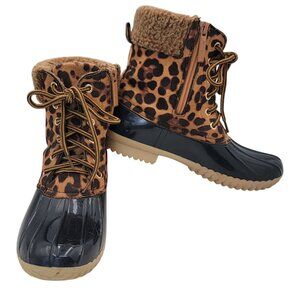 Nature Breeze Duck Boots Leopard Print Waterproof Faux Fur Rubber Sole Womens 8